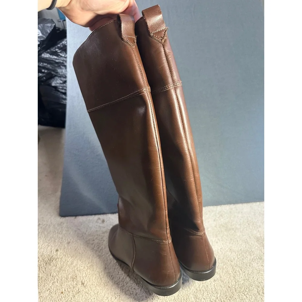 Mens Brown Leather Tall Equestrian Riding Boots Almond Toe Pull On